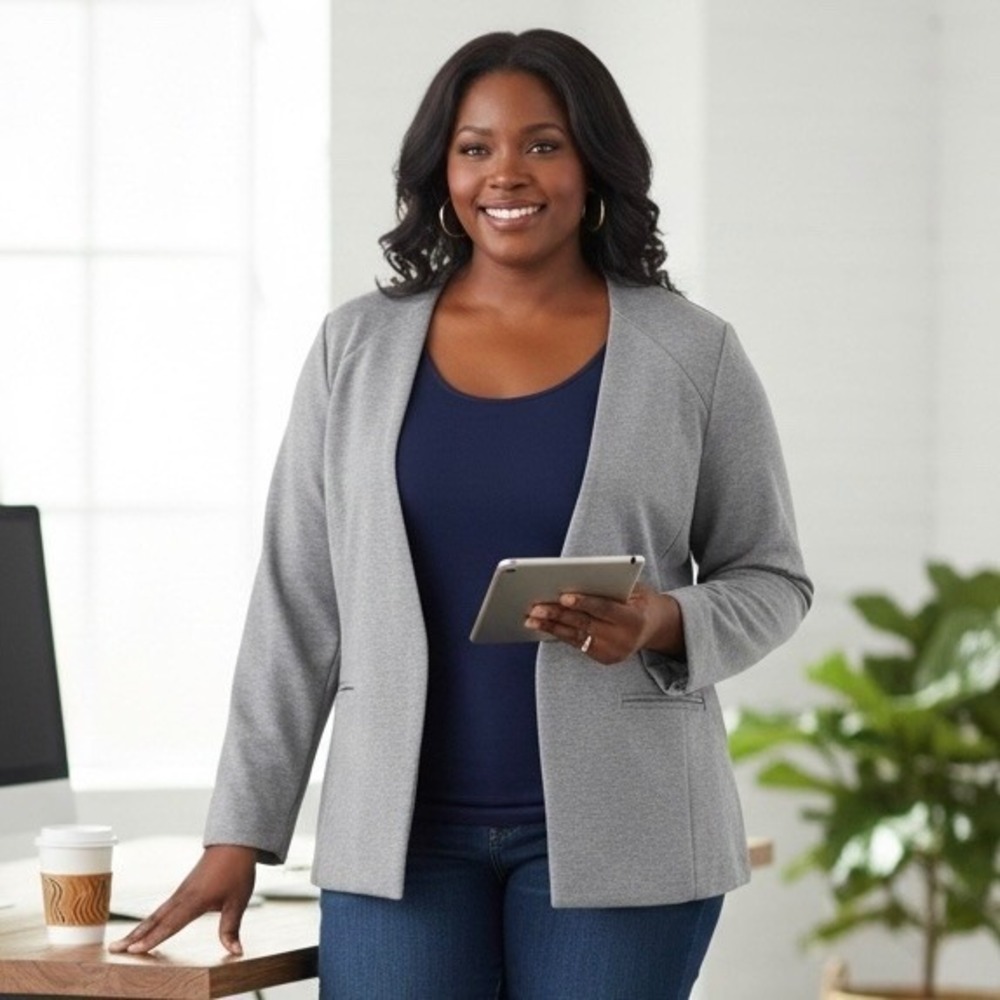 Skies Are Blue Gray Open Front Knit Blazer Jacket Women's Plus Size XXL Career